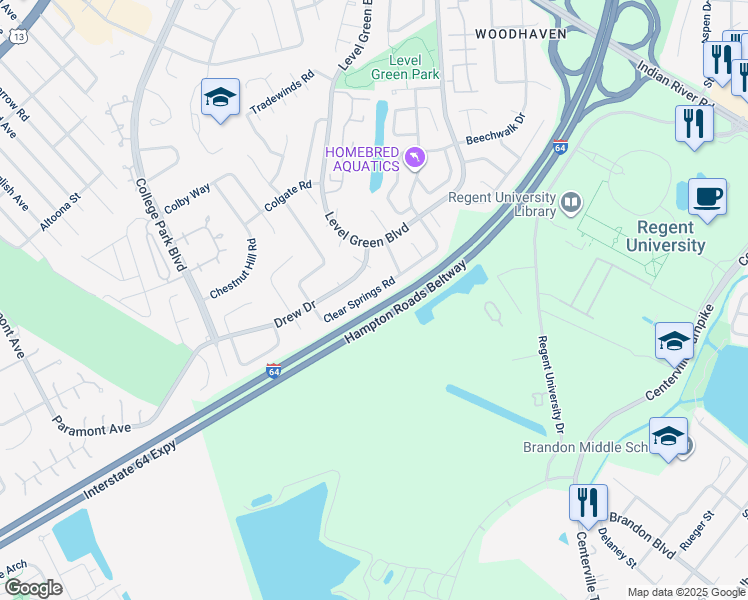 map of restaurants, bars, coffee shops, grocery stores, and more near 5967 Clear Springs Road in Virginia Beach