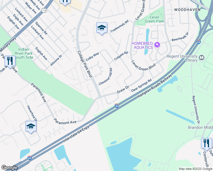 map of restaurants, bars, coffee shops, grocery stores, and more near 1328 College Park Boulevard in Virginia Beach