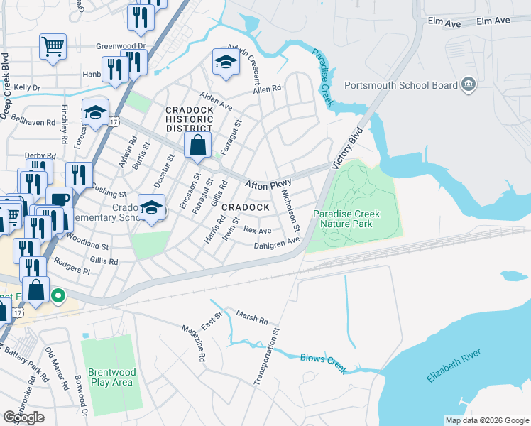 map of restaurants, bars, coffee shops, grocery stores, and more near 98 Channing Avenue in Portsmouth