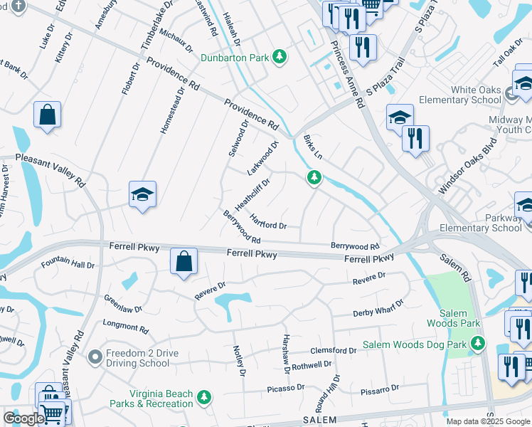 map of restaurants, bars, coffee shops, grocery stores, and more near 1236 Worthington Lane in Virginia Beach