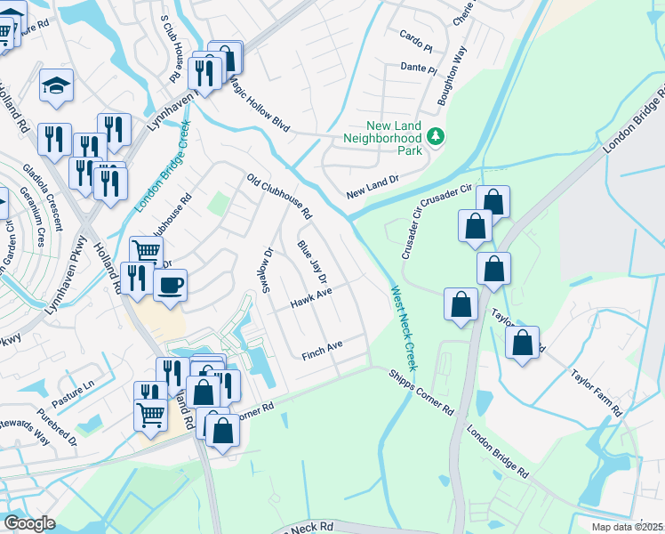 map of restaurants, bars, coffee shops, grocery stores, and more near 1260 Blue Jay Drive in Virginia Beach