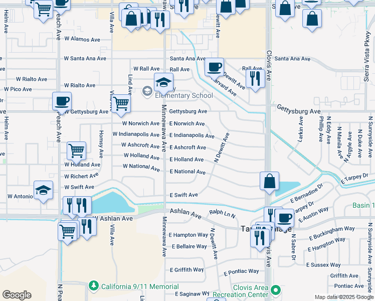 map of restaurants, bars, coffee shops, grocery stores, and more near 5431 East Holland Avenue in Fresno
