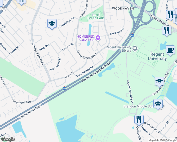 map of restaurants, bars, coffee shops, grocery stores, and more near 5967 Clear Springs Road in Virginia Beach