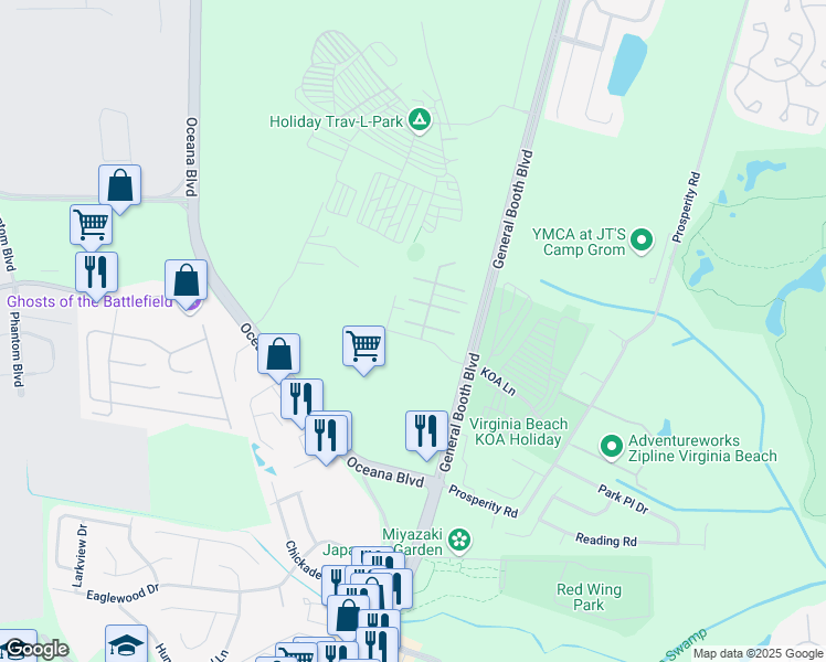map of restaurants, bars, coffee shops, grocery stores, and more near 1105 Misty Harbor Court in Virginia Beach