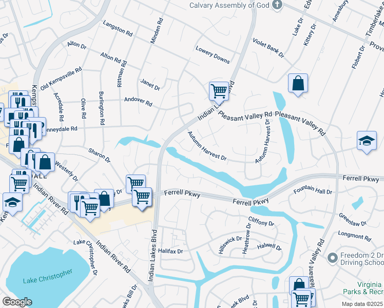 map of restaurants, bars, coffee shops, grocery stores, and more near 1401 Maldon Circle in Virginia Beach