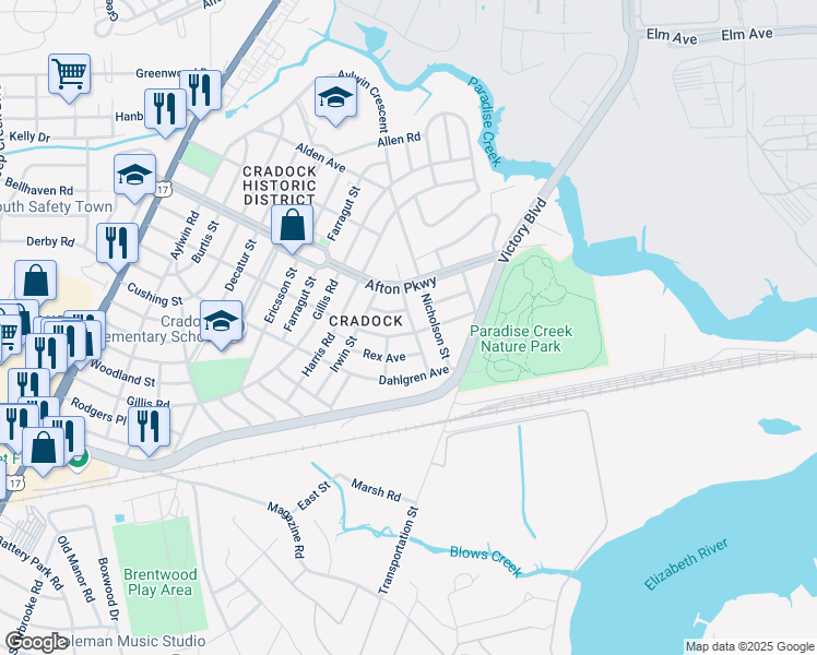 map of restaurants, bars, coffee shops, grocery stores, and more near 10 Morris Street in Portsmouth