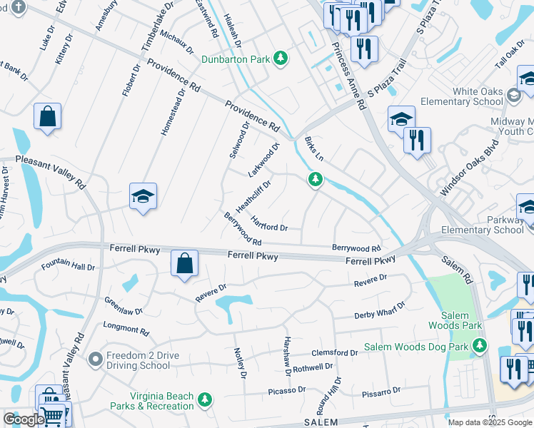 map of restaurants, bars, coffee shops, grocery stores, and more near 1236 Worthington Lane in Virginia Beach