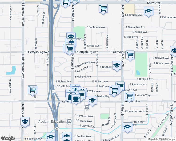 map of restaurants, bars, coffee shops, grocery stores, and more near 2809 East Holland Avenue in Fresno