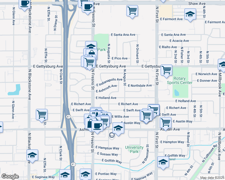 map of restaurants, bars, coffee shops, grocery stores, and more near 2809 East Holland Avenue in Fresno