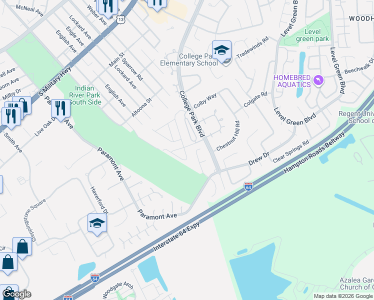 map of restaurants, bars, coffee shops, grocery stores, and more near 2540 Fieldsway Drive in Chesapeake