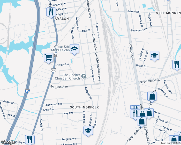 map of restaurants, bars, coffee shops, grocery stores, and more near 2508 Haywood Avenue in Chesapeake