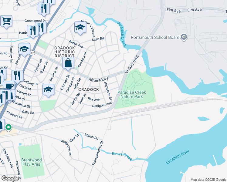 map of restaurants, bars, coffee shops, grocery stores, and more near 1128 Victory Boulevard in Portsmouth