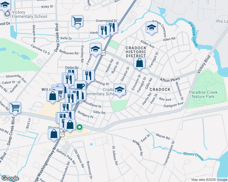map of restaurants, bars, coffee shops, grocery stores, and more near 113 Decatur Street in Portsmouth