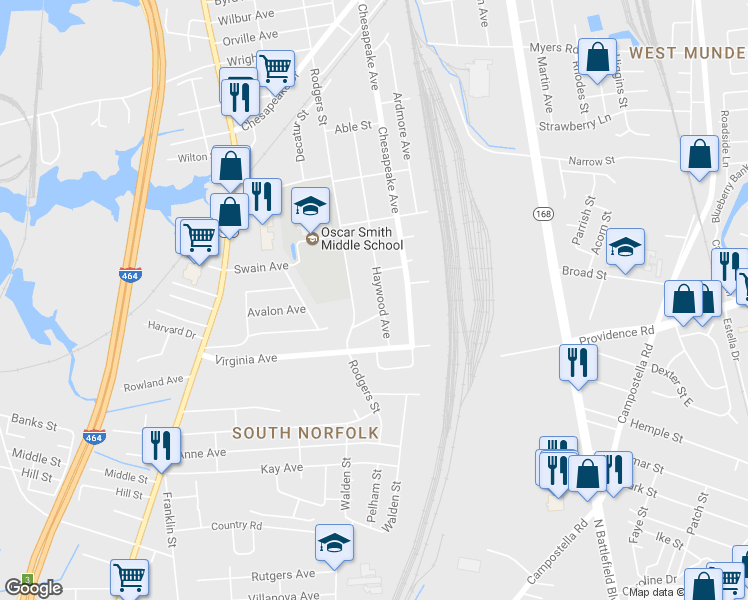 map of restaurants, bars, coffee shops, grocery stores, and more near 2508 Haywood Avenue in Chesapeake