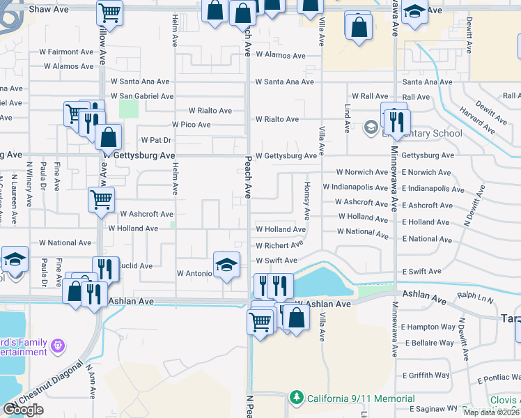 map of restaurants, bars, coffee shops, grocery stores, and more near in Clovis