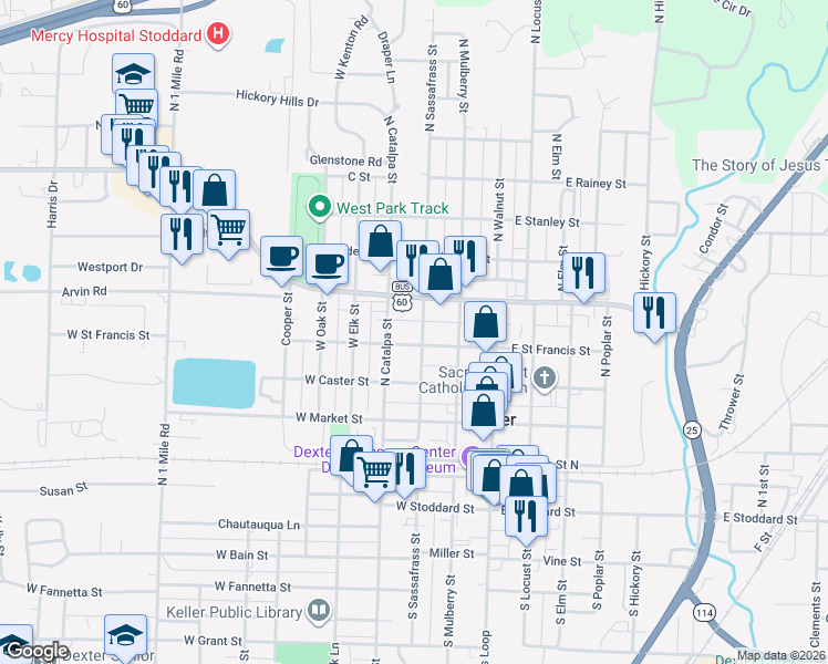 map of restaurants, bars, coffee shops, grocery stores, and more near 209 West Saint Francis Street in Dexter