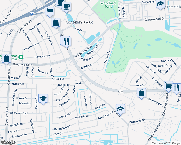 map of restaurants, bars, coffee shops, grocery stores, and more near 645 McLean Street in Portsmouth