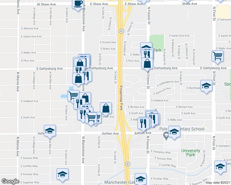 map of restaurants, bars, coffee shops, grocery stores, and more near North Clark Street & East Ashcroft Avenue in Fresno