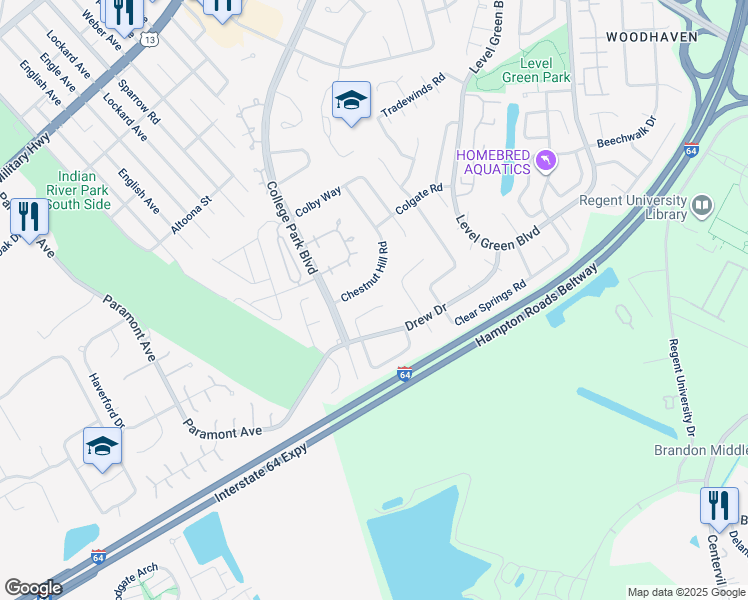 map of restaurants, bars, coffee shops, grocery stores, and more near 6308 Dickinson Way in Virginia Beach