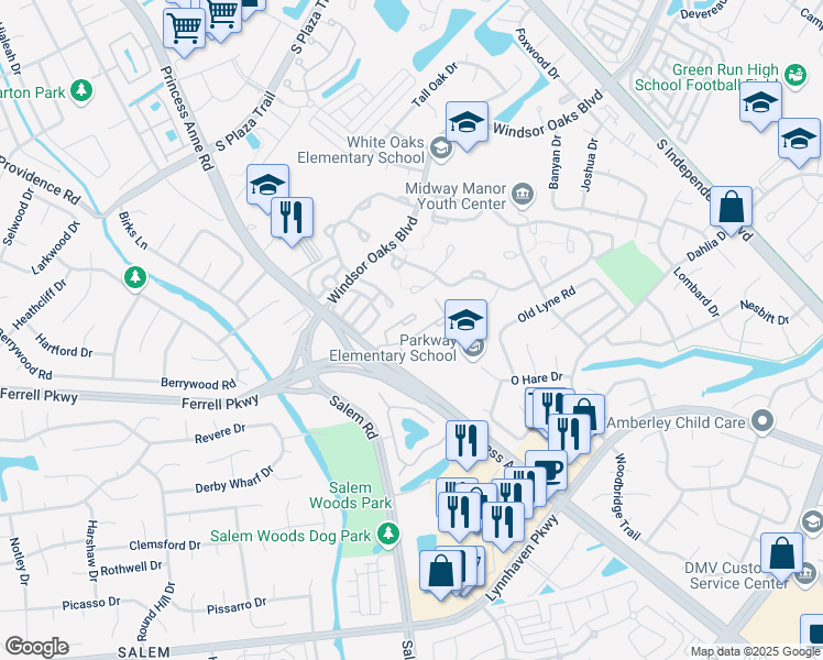 map of restaurants, bars, coffee shops, grocery stores, and more near 1423 Ivywood Road in Virginia Beach