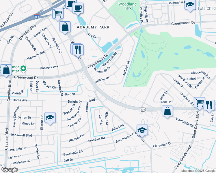 map of restaurants, bars, coffee shops, grocery stores, and more near 643 McLean Street in Portsmouth
