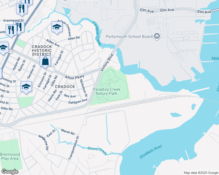 map of restaurants, bars, coffee shops, grocery stores, and more near 1141 Victory Boulevard in Portsmouth