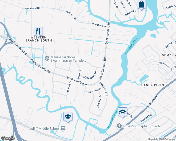 map of restaurants, bars, coffee shops, grocery stores, and more near 1616 Upperville Court in Chesapeake