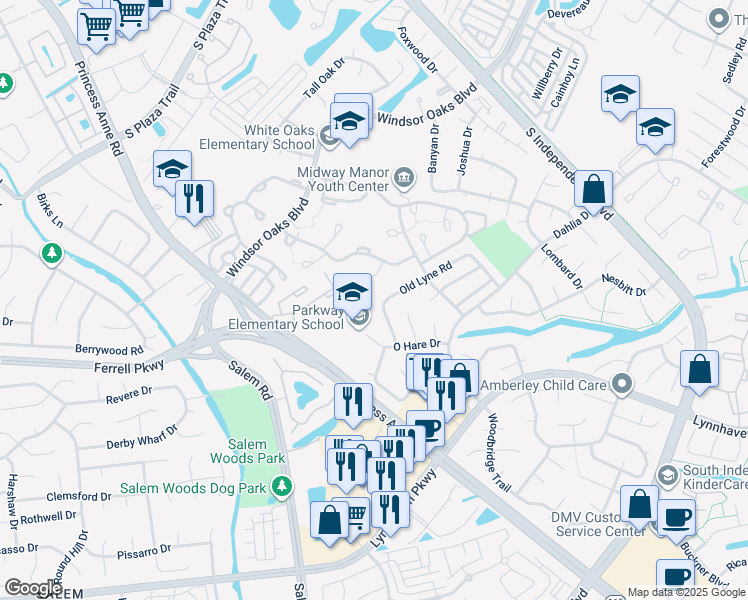 map of restaurants, bars, coffee shops, grocery stores, and more near 4230 Old Lyne Road in Virginia Beach