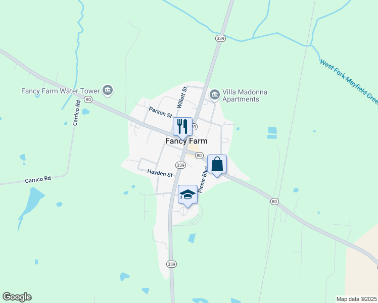 map of restaurants, bars, coffee shops, grocery stores, and more near 10225 Kentucky 80 in Fancy Farm