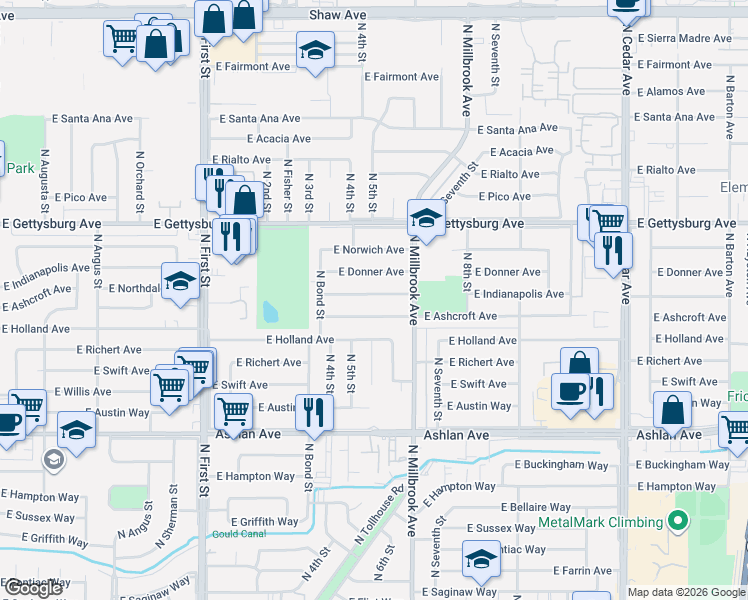 map of restaurants, bars, coffee shops, grocery stores, and more near 3618 East Ashcroft Avenue in Fresno