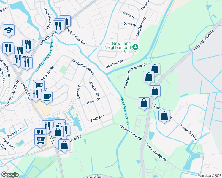 map of restaurants, bars, coffee shops, grocery stores, and more near 1305 Hawk Avenue in Virginia Beach