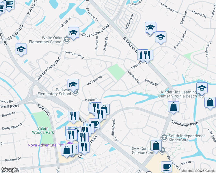 map of restaurants, bars, coffee shops, grocery stores, and more near 1384 Nesbitt Drive in Virginia Beach