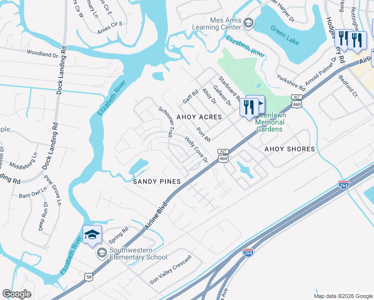 map of restaurants, bars, coffee shops, grocery stores, and more near 3845 Schooner Trail in Chesapeake