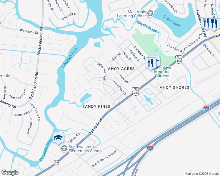 map of restaurants, bars, coffee shops, grocery stores, and more near 4013 Schooner Trail in Chesapeake