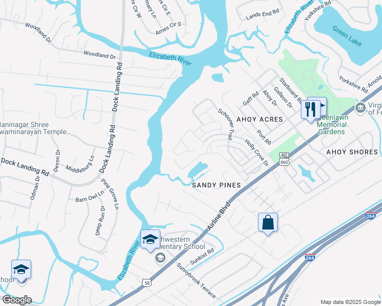 map of restaurants, bars, coffee shops, grocery stores, and more near 4129 Daggerboard Drive in Chesapeake
