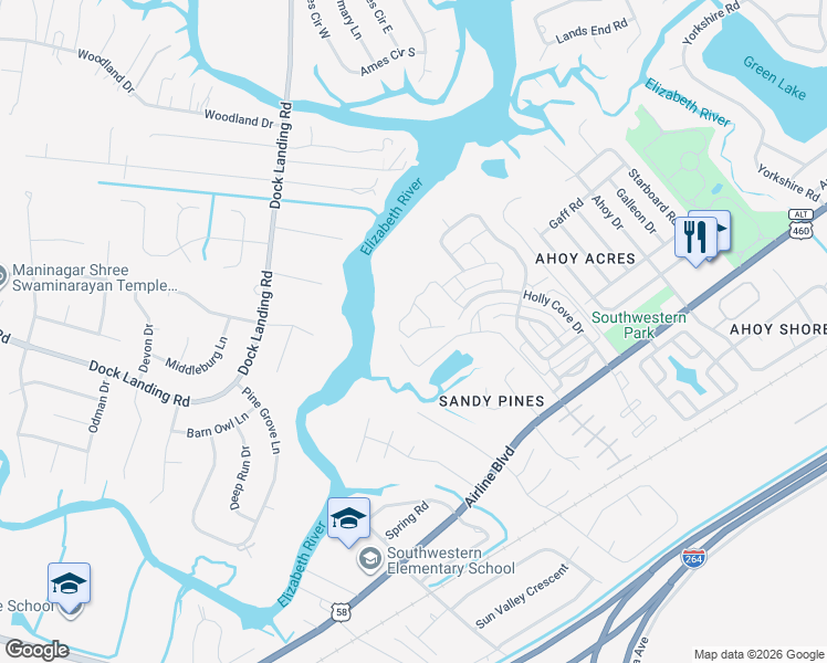 map of restaurants, bars, coffee shops, grocery stores, and more near 4299 White Cap Crest in Chesapeake