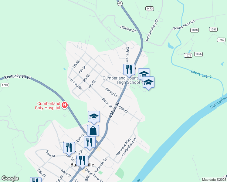 map of restaurants, bars, coffee shops, grocery stores, and more near 101-213 Spring Lane in Burkesville