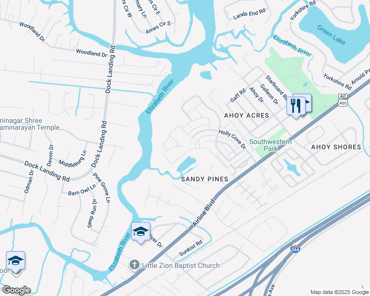 map of restaurants, bars, coffee shops, grocery stores, and more near 4129 Daggerboard Drive in Chesapeake