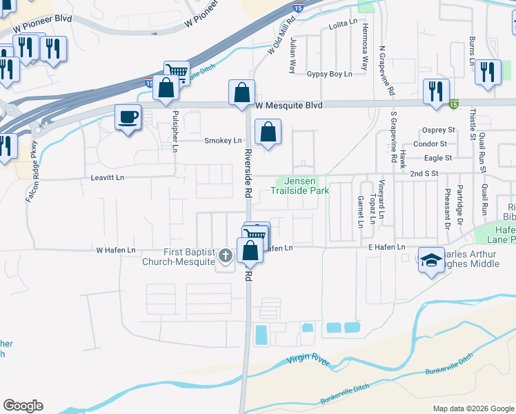 map of restaurants, bars, coffee shops, grocery stores, and more near 320 Riverside Road in Mesquite