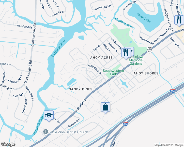 map of restaurants, bars, coffee shops, grocery stores, and more near 4025 Sloop Trail in Chesapeake