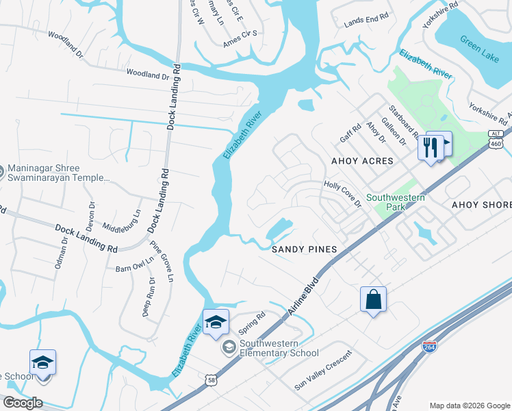 map of restaurants, bars, coffee shops, grocery stores, and more near 4299 White Cap Crest in Chesapeake