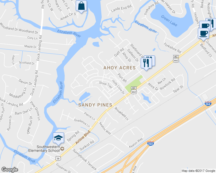 map of restaurants, bars, coffee shops, grocery stores, and more near 4029 Sloop Trail in Chesapeake