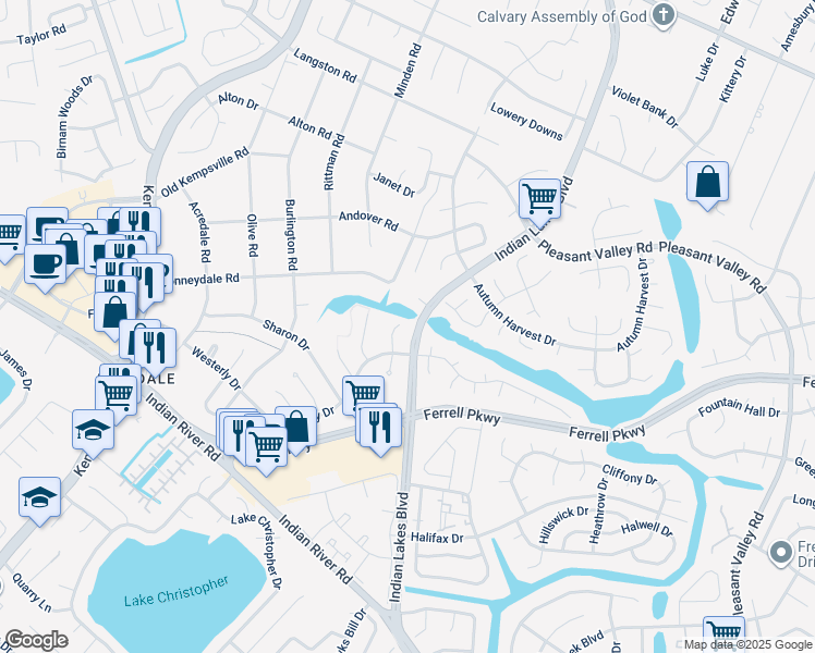 map of restaurants, bars, coffee shops, grocery stores, and more near 1400 Lakeland Court in Virginia Beach