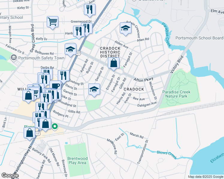map of restaurants, bars, coffee shops, grocery stores, and more near 89 Farragut Street in Portsmouth