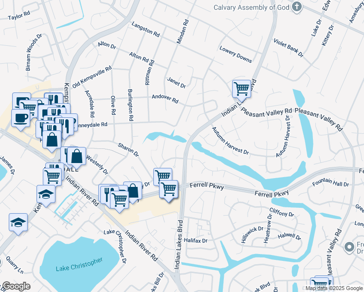 map of restaurants, bars, coffee shops, grocery stores, and more near 1400 Lakeland Court in Virginia Beach