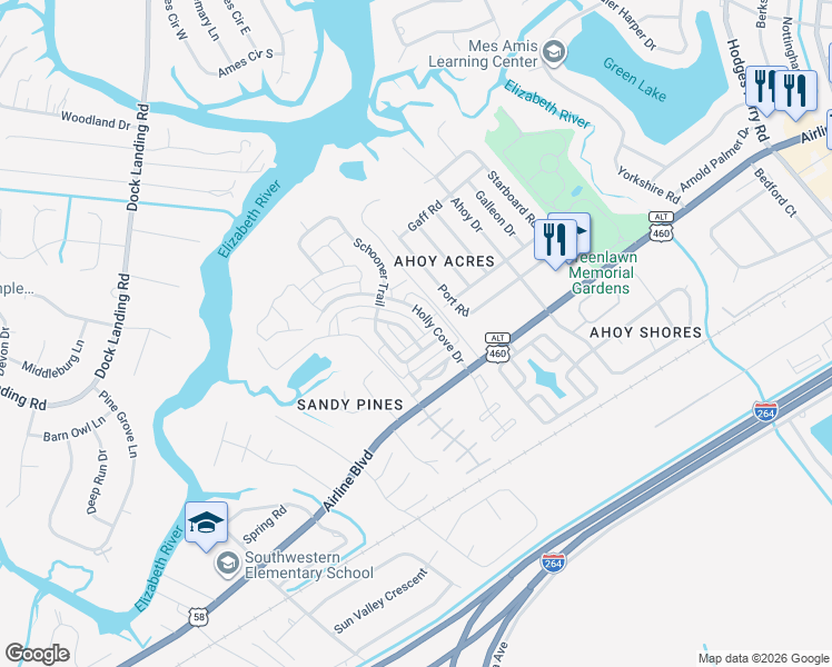 map of restaurants, bars, coffee shops, grocery stores, and more near 3845 Schooner Trail in Chesapeake