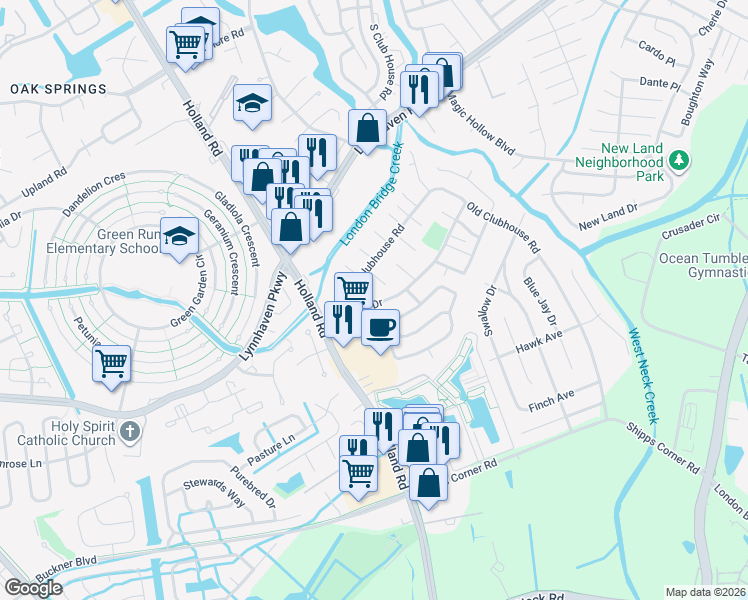 map of restaurants, bars, coffee shops, grocery stores, and more near 3210 Barlborough Way in Virginia Beach
