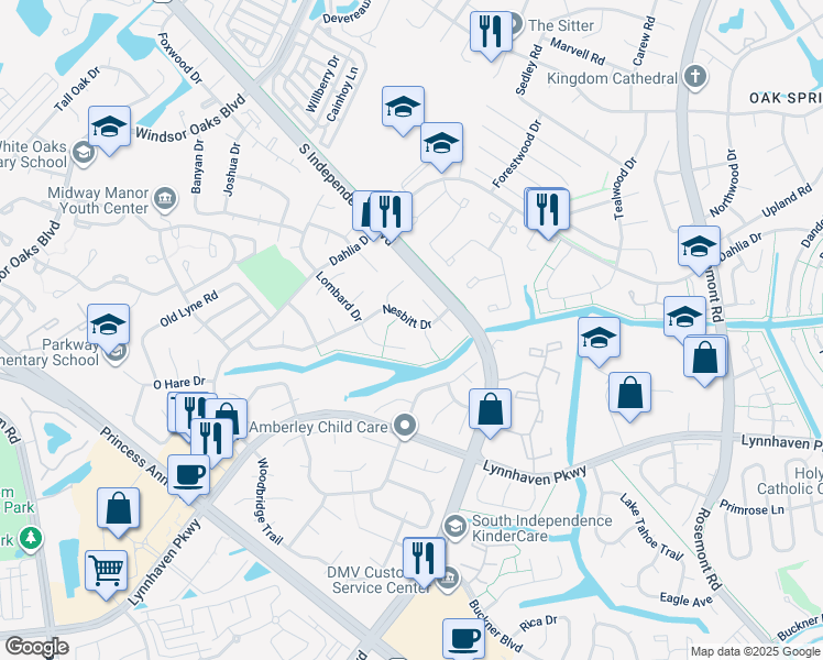 map of restaurants, bars, coffee shops, grocery stores, and more near 1273 Nesbitt Drive in Virginia Beach