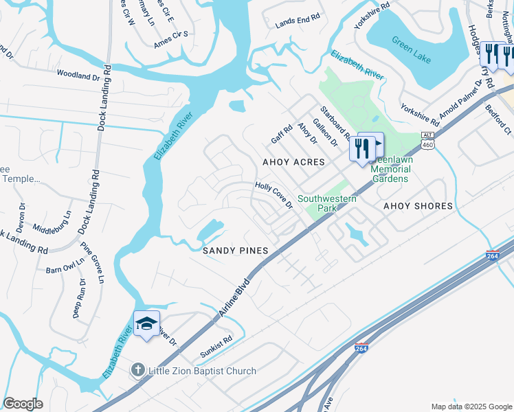 map of restaurants, bars, coffee shops, grocery stores, and more near 4044 Schooner Trail in Chesapeake
