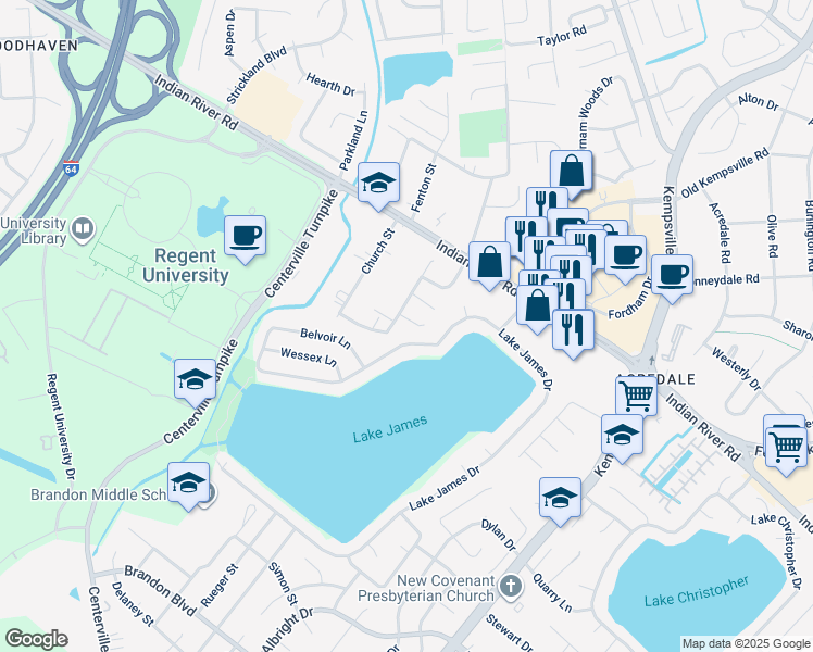 map of restaurants, bars, coffee shops, grocery stores, and more near 5525 Brittingham Court in Virginia Beach